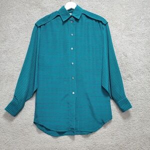 Helene Sidel Shirt Womens 4 Green Geometric Silk Pleated Long Sleeve Button‎ Up